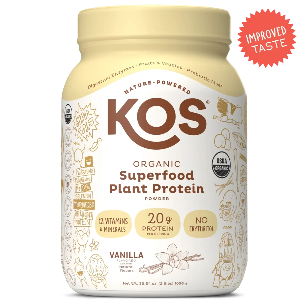 bottle of KOS superfood plant protein